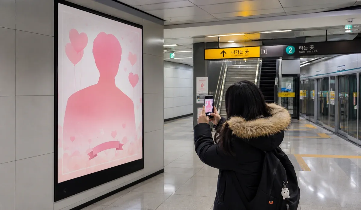 Fans mengambil foto bukti iklan dukungan idol di stasiun subway Seoul Korea
