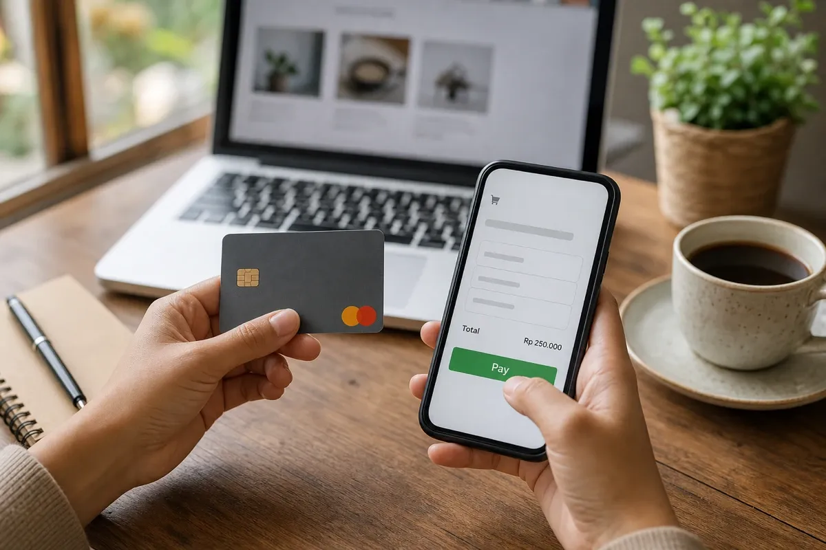 Tangan memegang kartu Visa/Mastercard sambil bayar iklan dukungan Korea lewat halaman pembayaran resmi di smartphone