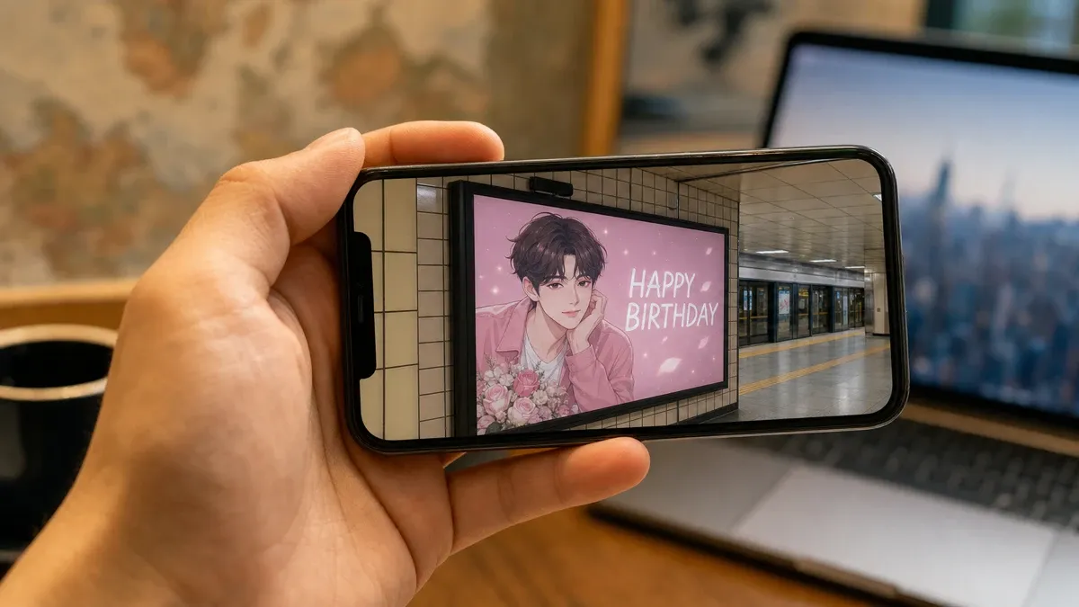 Smartphone menampilkan foto bukti tayang iklan dukungan idol di Korea yang dikirim ke fans di Indonesia