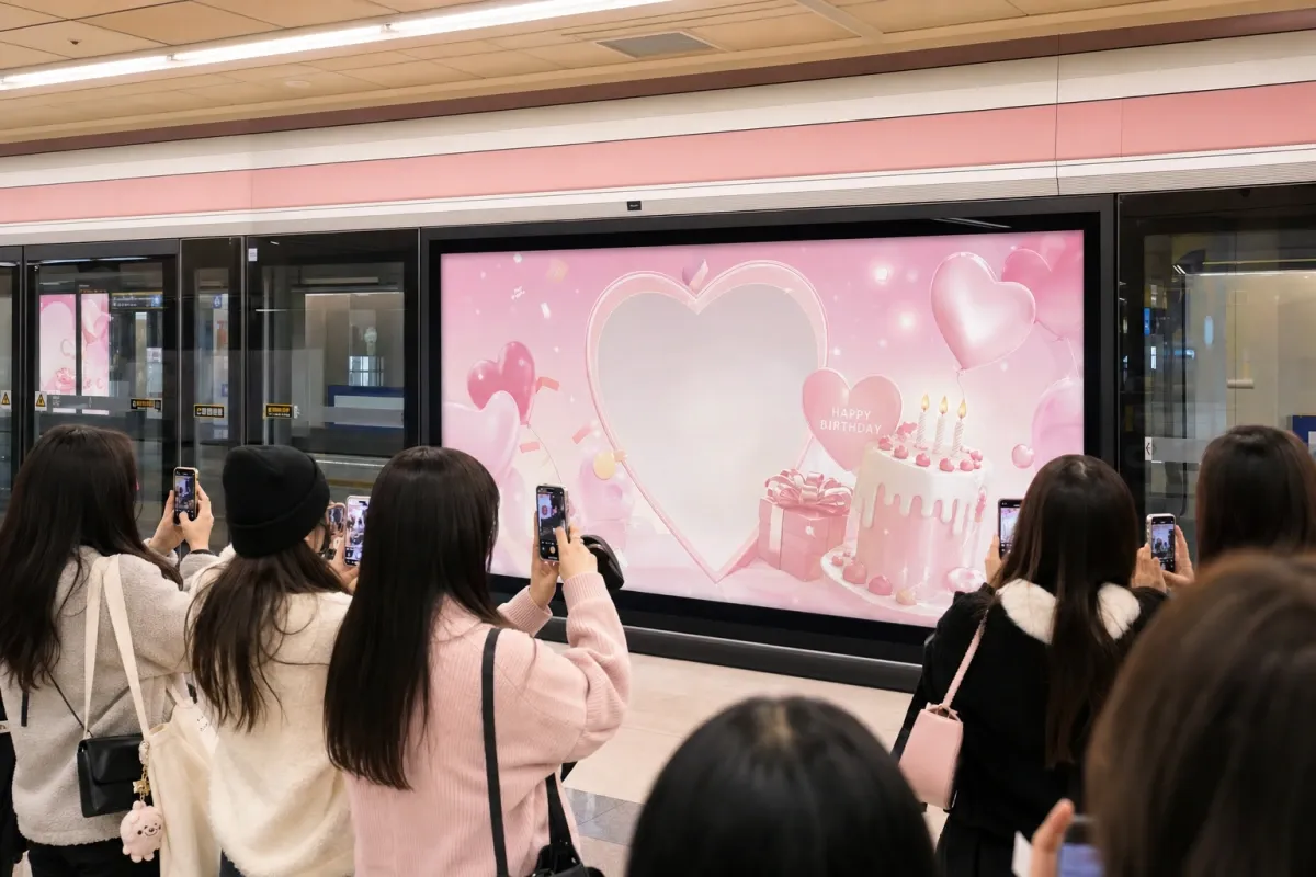 지하철역 승강장 스크린도어에 핑크 톤 생일 축하 응원광고가 걸려 있고 여러 팬이 함께 모여 사진을 찍는 모습
