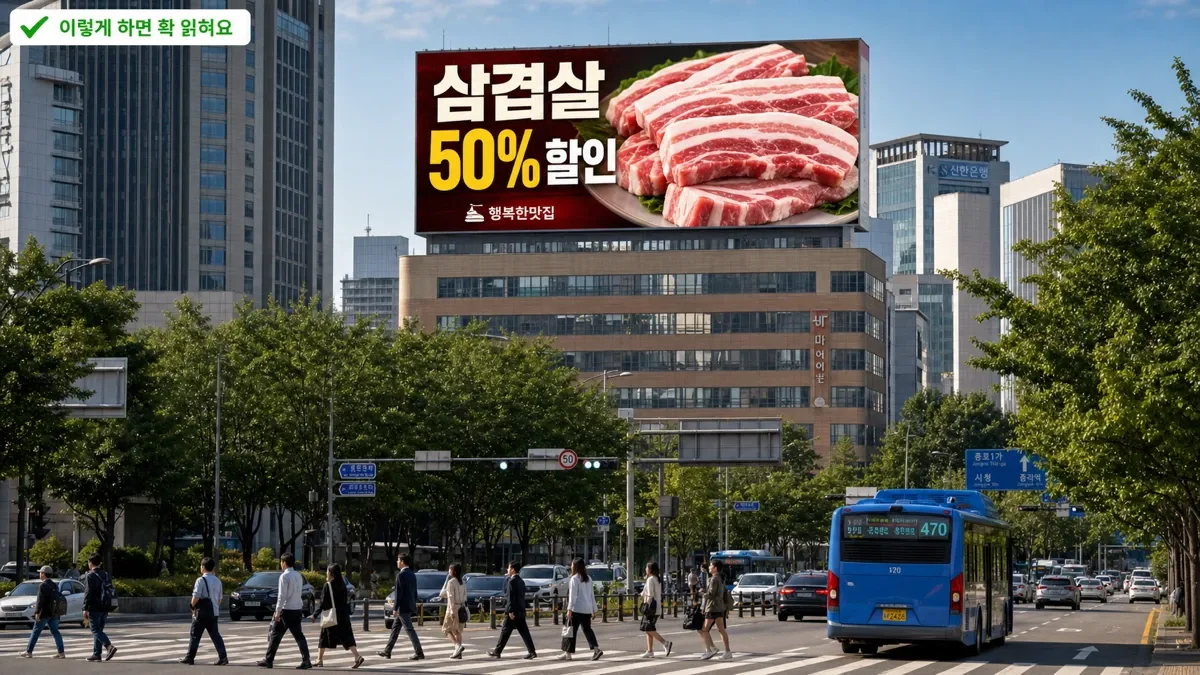 같은 대형 옥외광고판에 삼겹살 사진과 '삼겹살 50% 할인' 한 메시지만 크게 넣어, 멀리서도 핵심이 또렷하게 읽히는 잘된 옥외광고 예시
